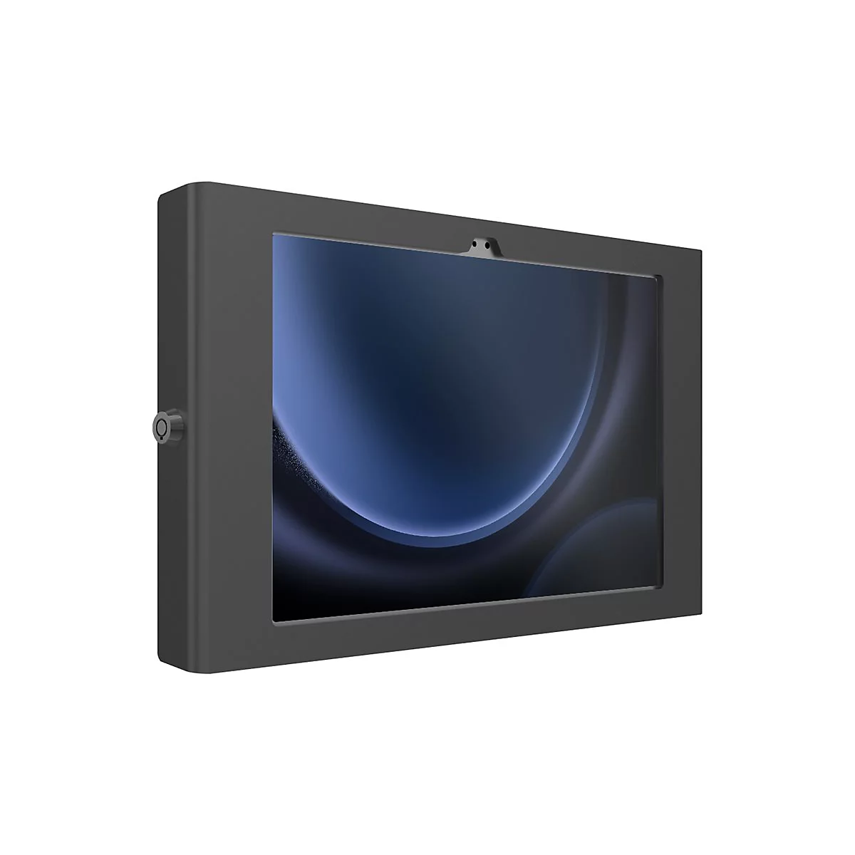 Dunkelgraues Tablet mit schwarzem Rahmen. Der Bildschirm zeigt abstrakte blaue Formen. Oben und seitlich kleine Details.