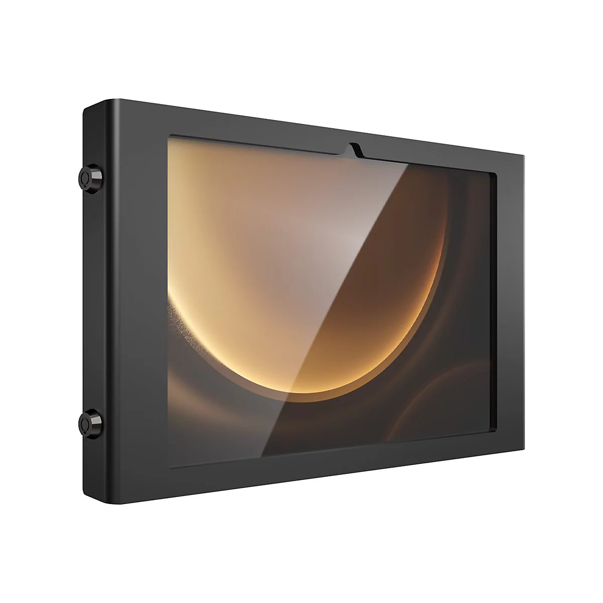 Schwarzer, quadratischer Rahmen mit Glasfront, goldenem Hintergrund und schwarzen Schrauben.