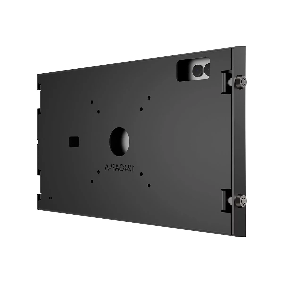 Support mural noir avec découpe pour caméra et fixations rondes.