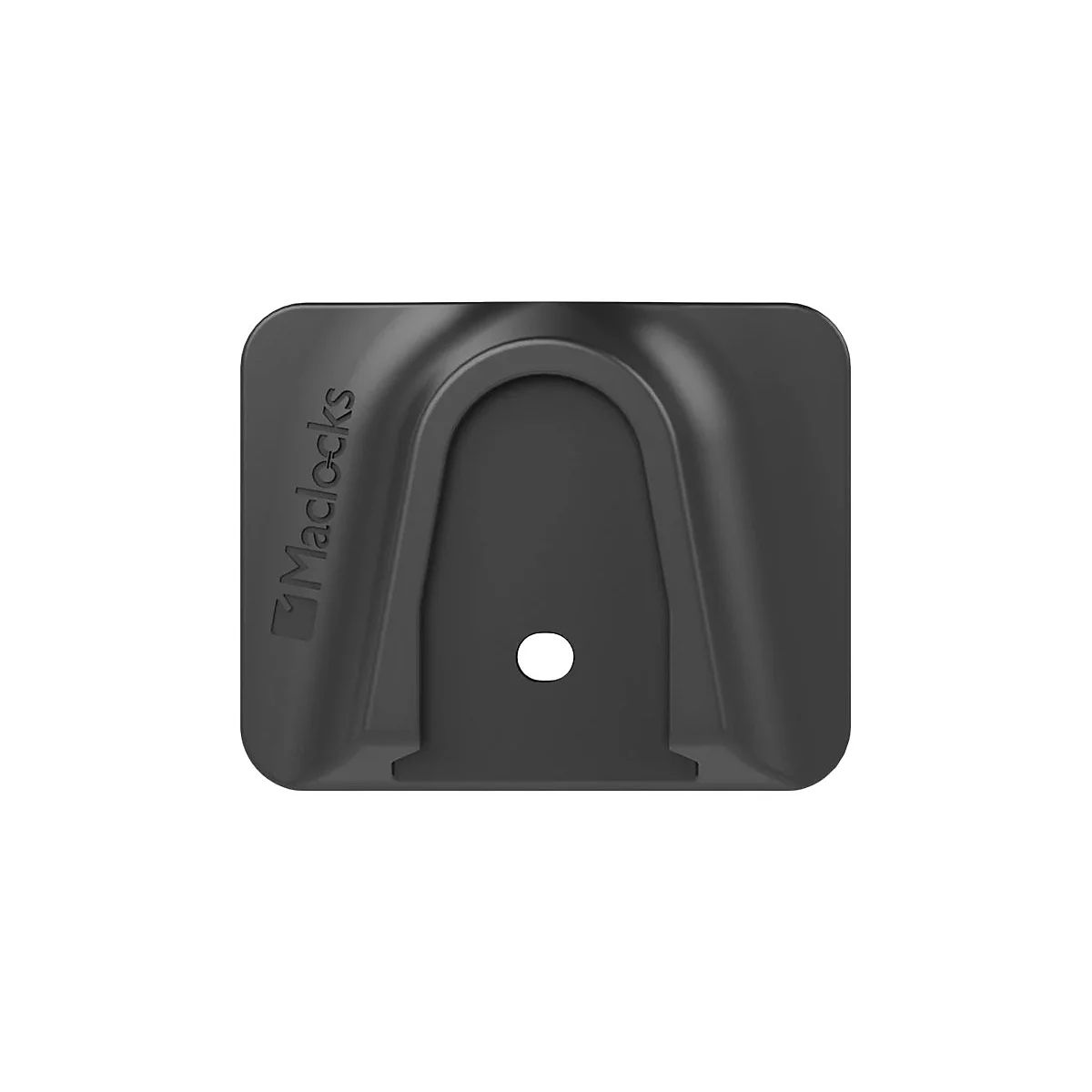 Schwarzes Maclocks-Montageelement mit abgerundeten Ecken und dem eingeprägten Schriftzug 'Maclocks'.