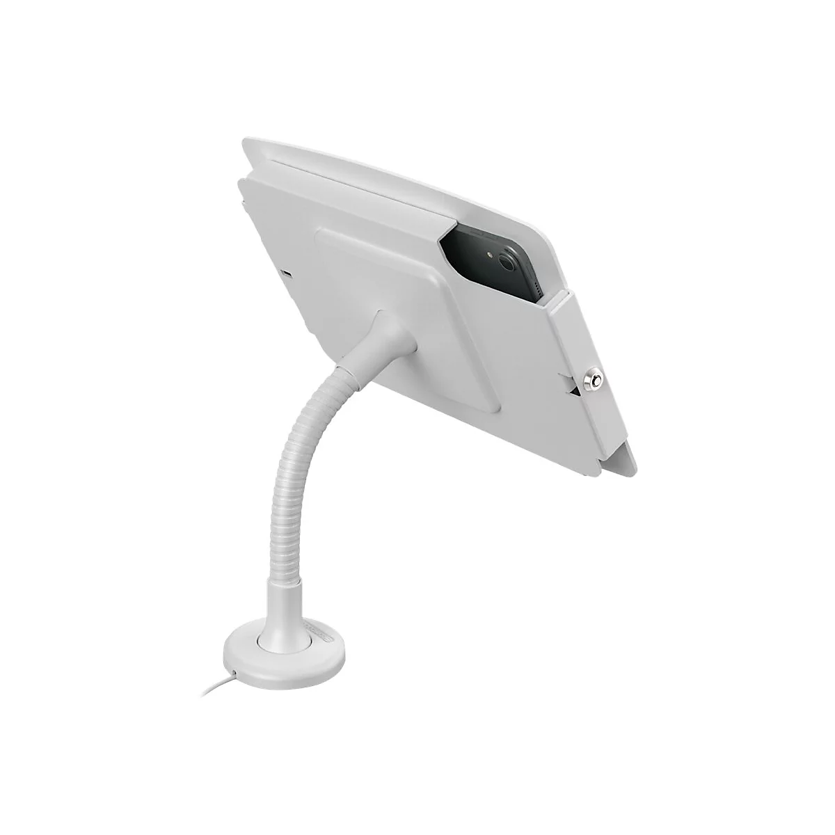 Hellgraue Tablet-Halterung mit flexiblem Hals und Smartphone, vor weißem Hintergrund.