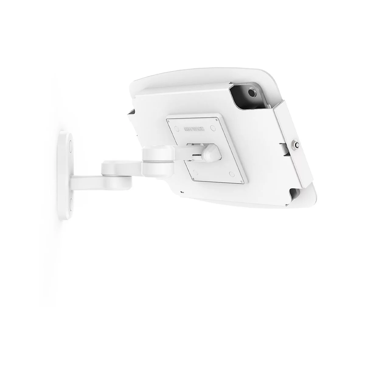 Weiße Tablet-Wandhalterung. Sie ist an der Wand befestigt und schwenkbar.