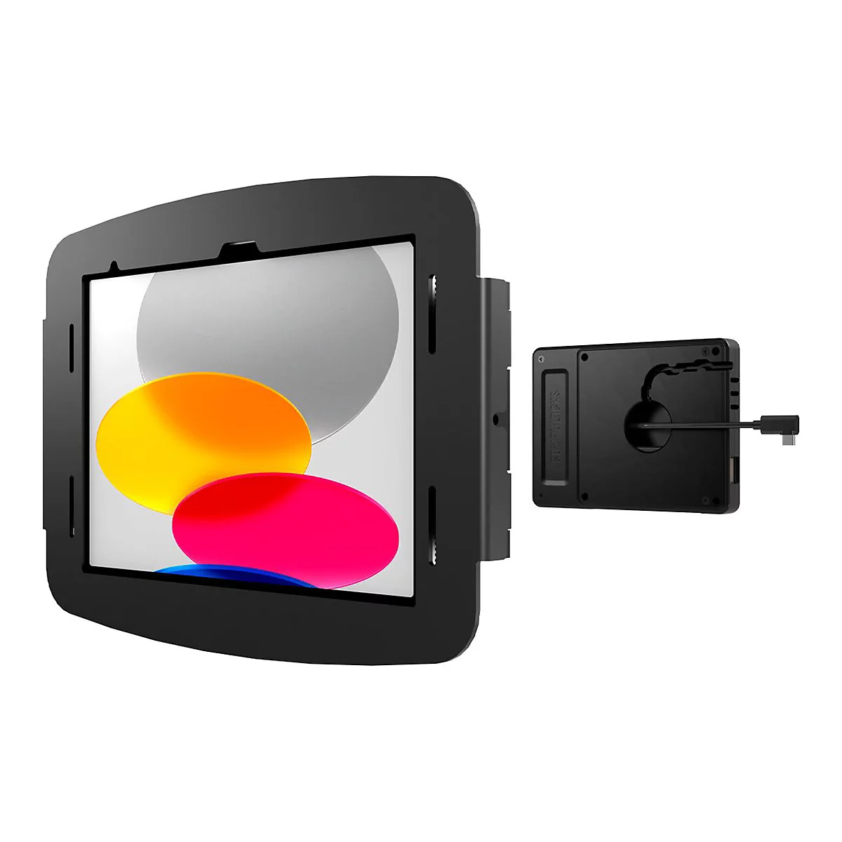 Schwarze Tablet-Halterung mit Tablet, daneben der Ladeanschluss. Auf dem Tablet-Bildschirm werden Farben angezeigt.