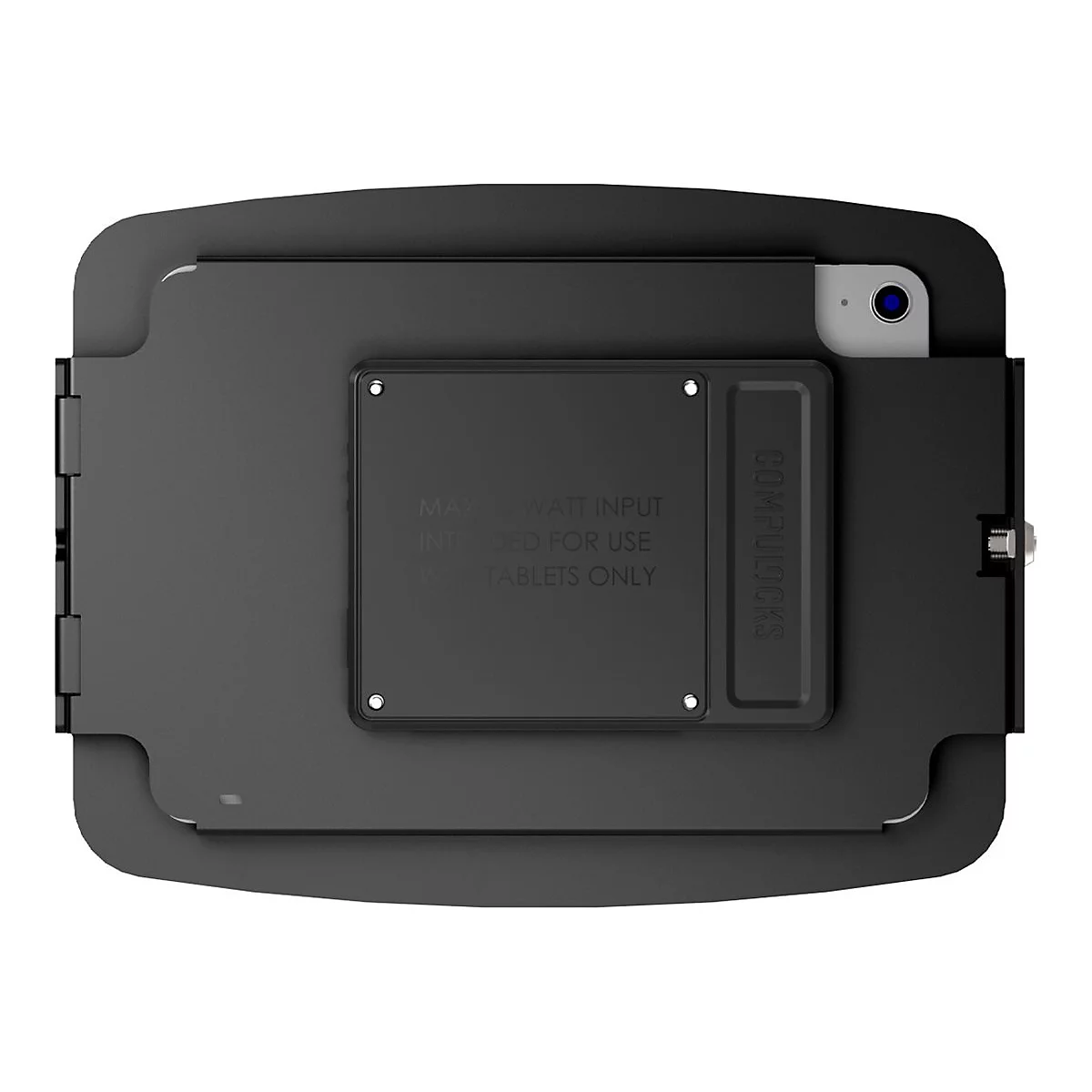 Draufsicht auf eine schwarze Tablet-Hülle mit einem darin befindlichen Tablet. Auf der Hülle steht "COMPULOCKS".