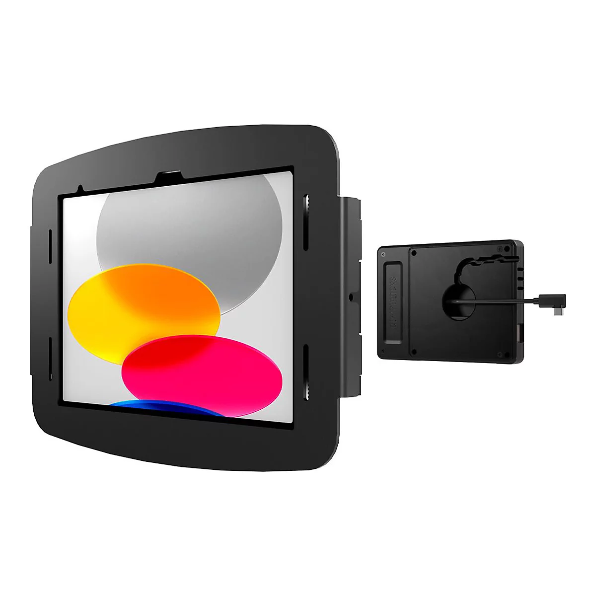 Schwarzer Tablet-Halter mit Tablet. Rechts ein schwarzer Halter mit Anschluss. Hintergrund weiß.