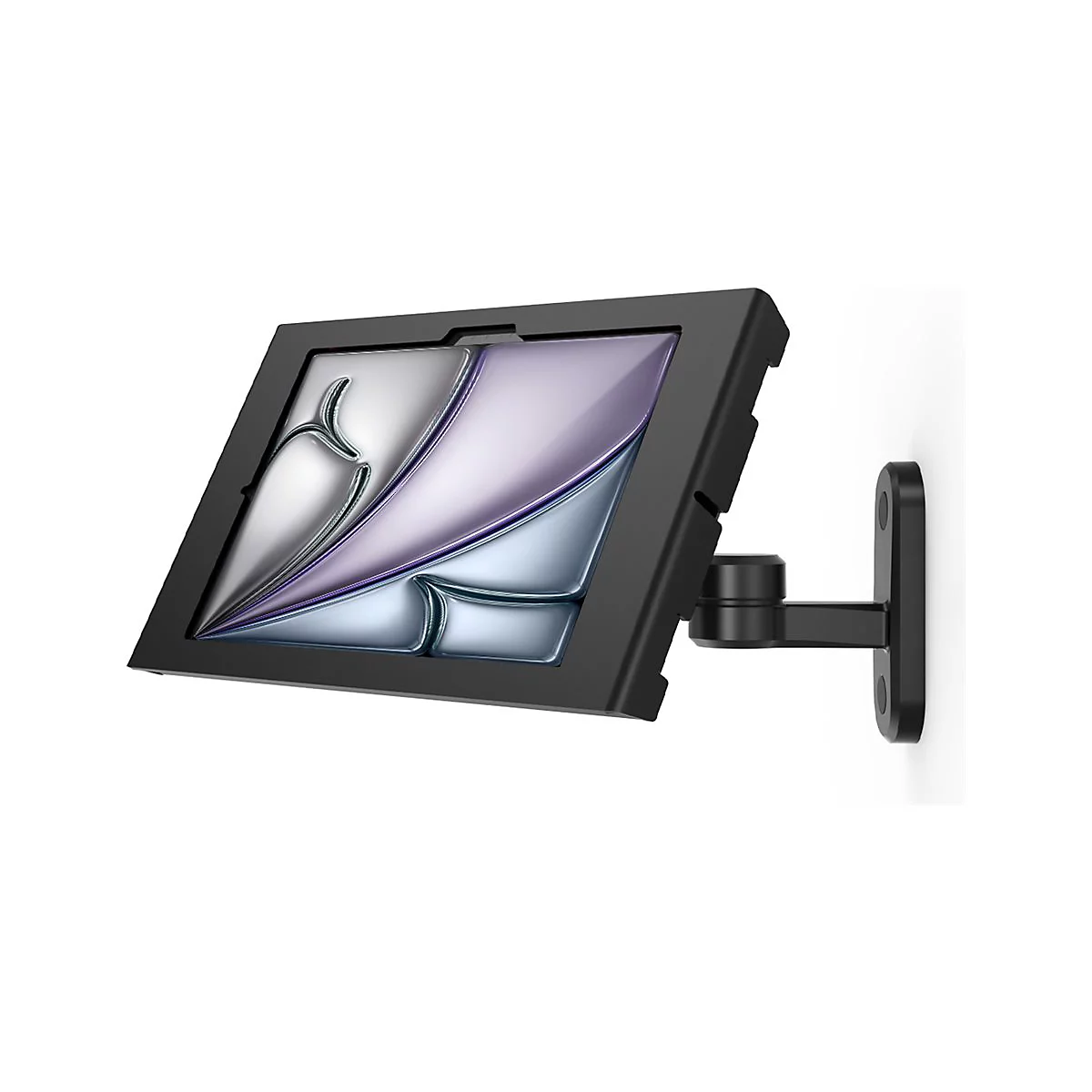 Schwarze Tablet-Halterung, an einer Wand befestigt, mit reflektierendem Bildschirm.