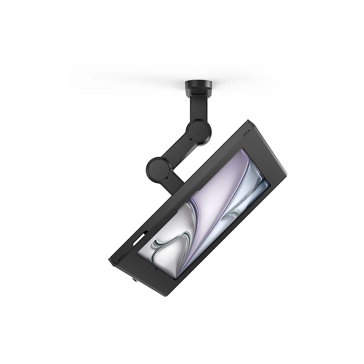 Schwarzer Bildschirm, an einem Gelenkarm befestigt und an der Decke montiert. Die Oberfläche zeigt ein abstraktes Design.