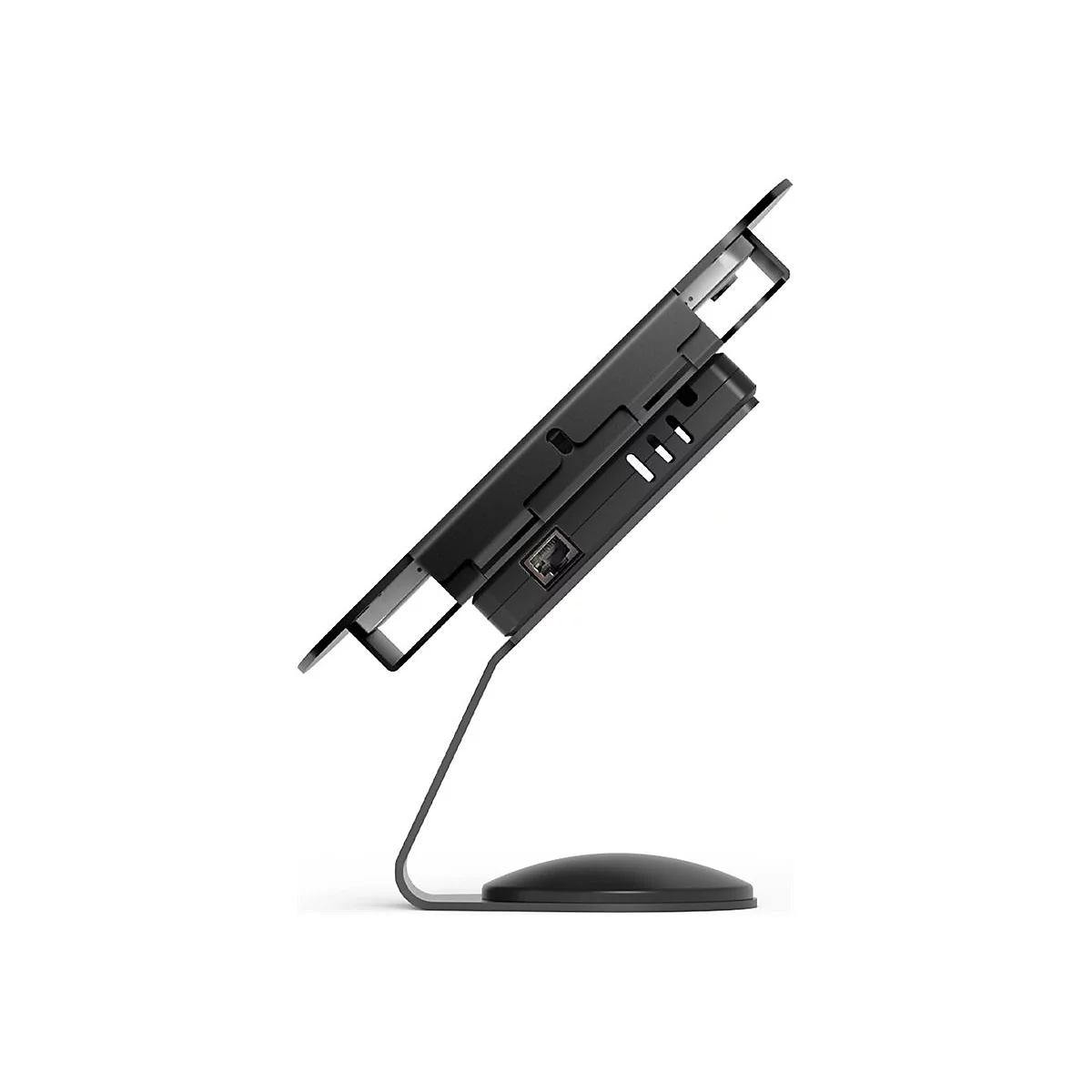 Schwarzes Tablet auf einem elegant gebogenen Ständer. Das Tablet ist leicht angewinkelt, um eine klare Sicht zu gewährleisten.