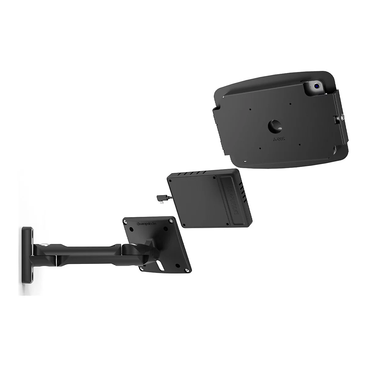 Schwarze Tablet-Halterung, bestehend aus Halterung, Wandhalterung und Ladeeinheit. Teile sind getrennt dargestellt.