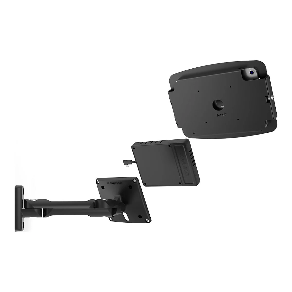 Schwarze Tablet-Halterung, bestehend aus Halterung, Wandhalterung und Sicherung. Einzelteile freigestellt.