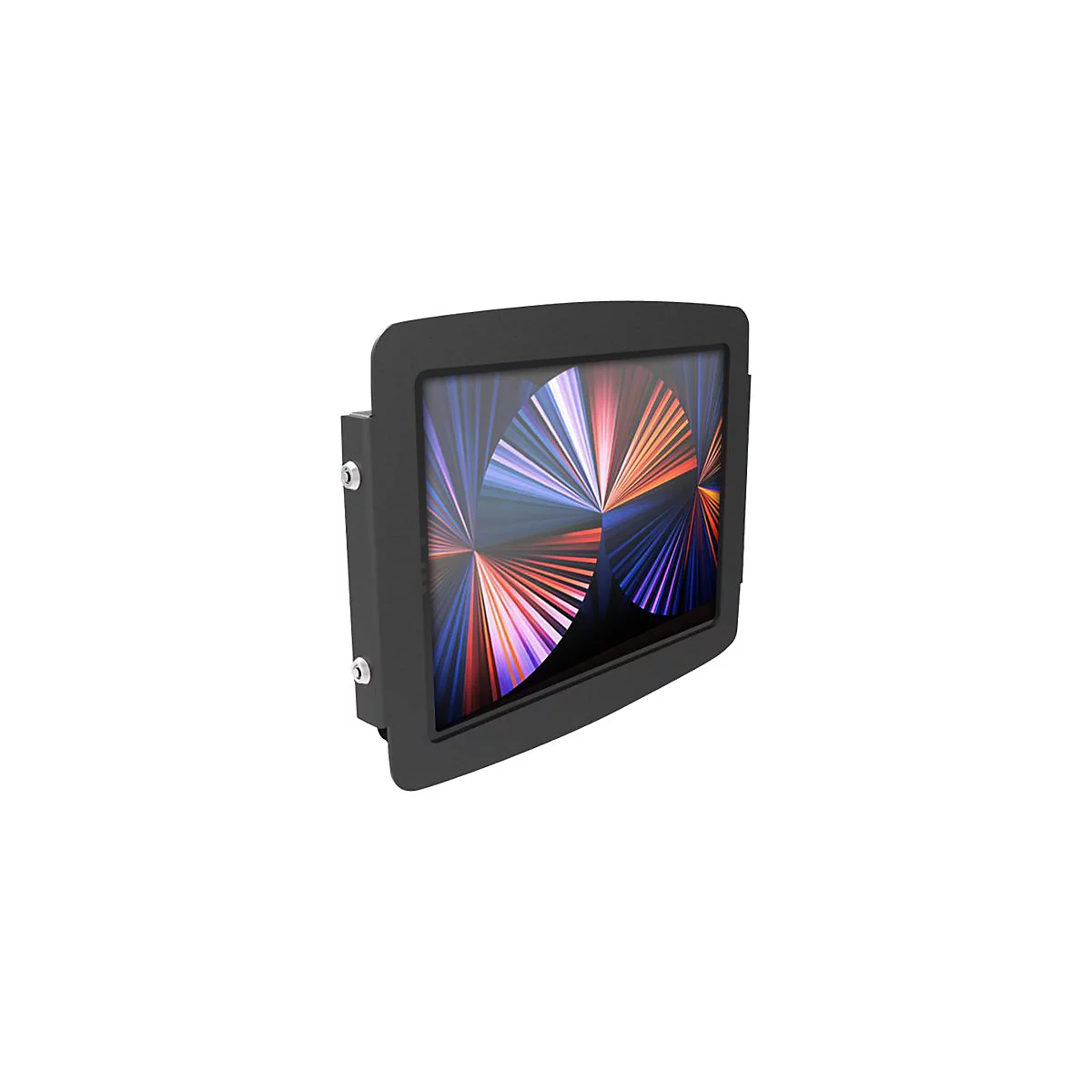 Schwarzes Tablet in Halterung, Bildschirm zeigt buntes abstraktes Muster. An der Seite sind Schrauben sichtbar.