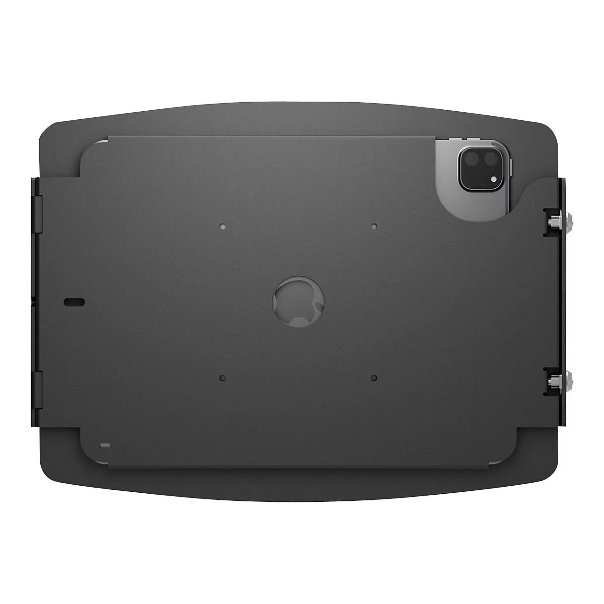 Dunkelgraue Schutzhülle für ein Tablet, das teilweise sichtbar ist. Das Apple-Logo ist angedeutet.