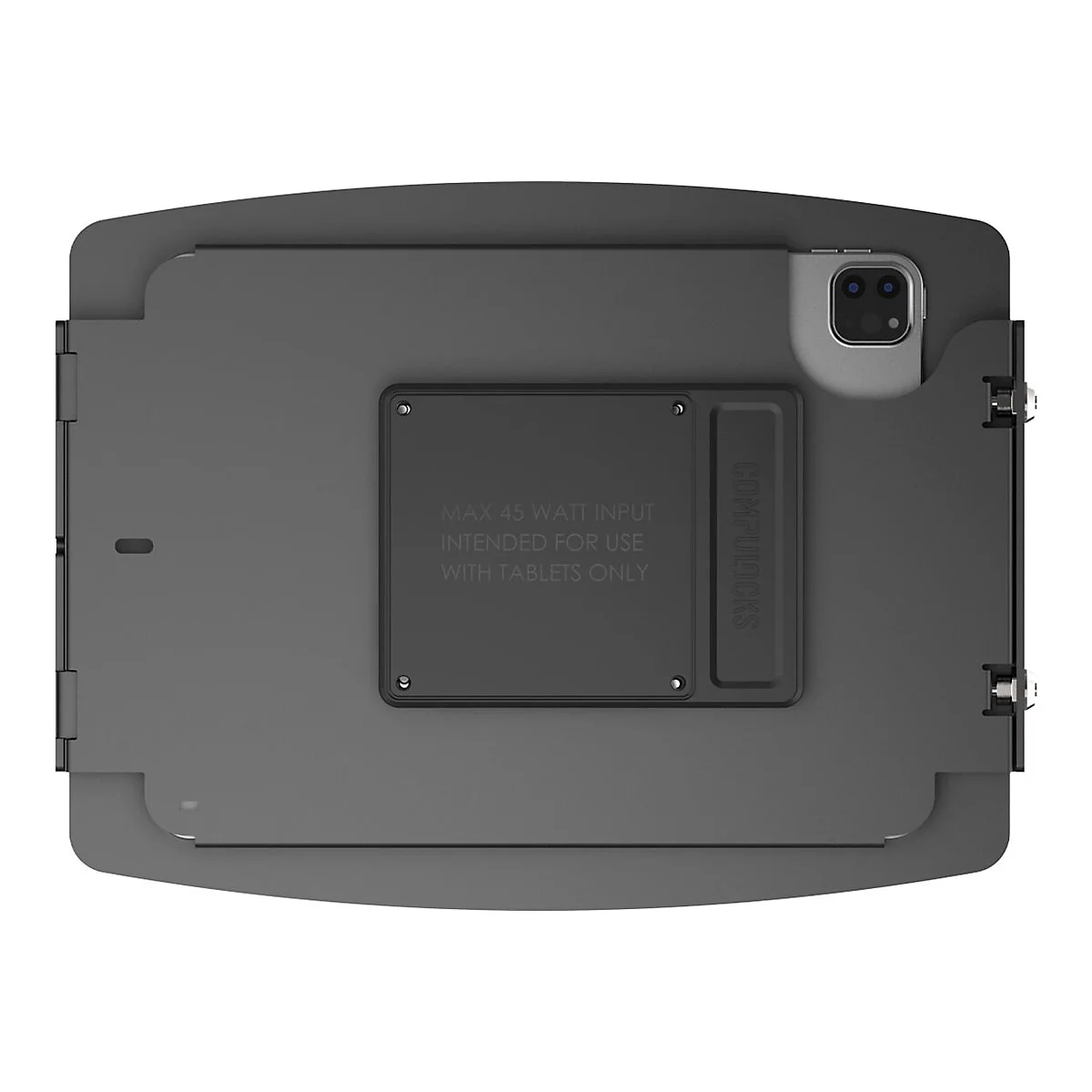 Graue Tablet-Halterung mit dem Text 'MAX 45 WATT INPUT' und 'COMPULOCKS' auf schwarzem Hintergrund.
