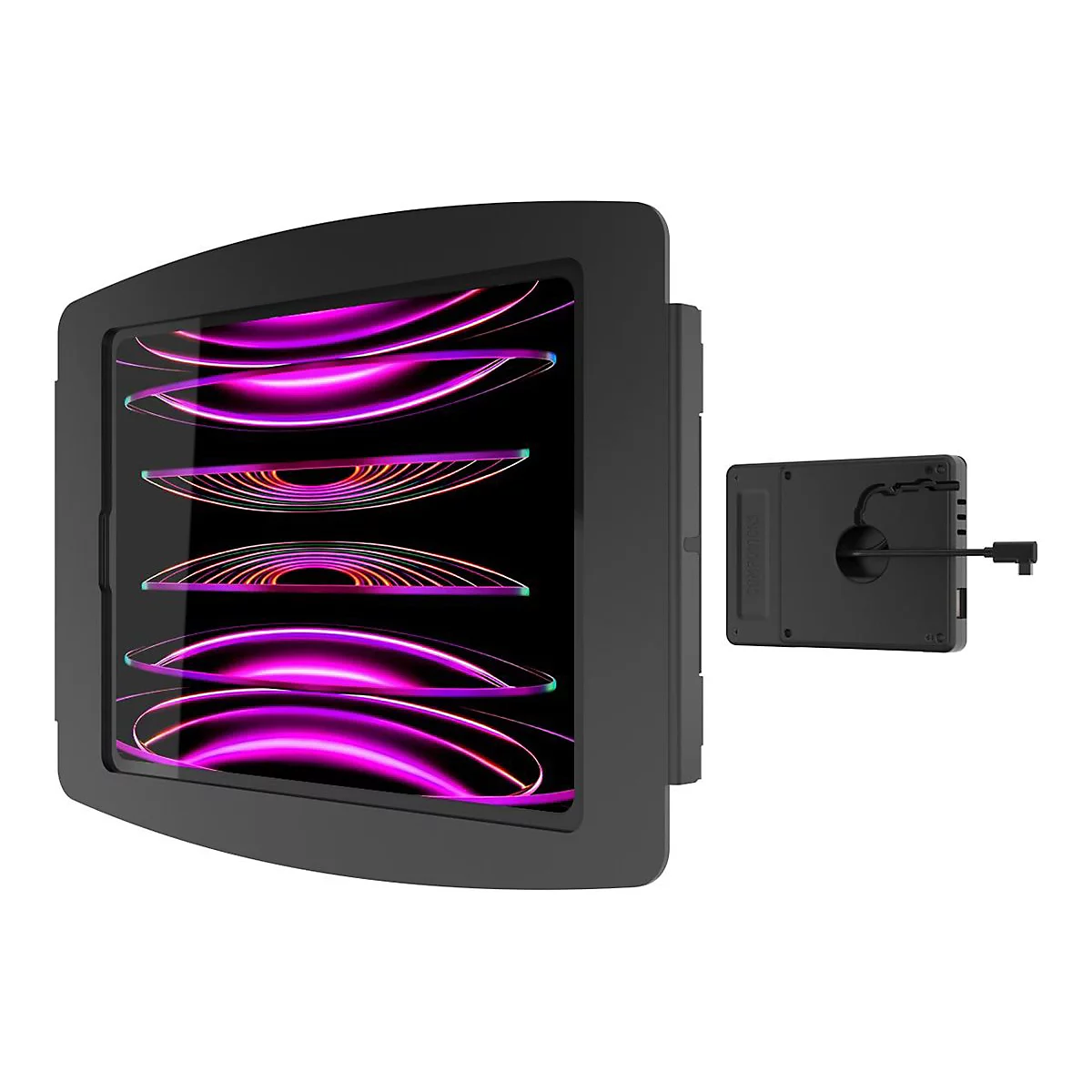 Schwarzes Tablet in Halterung, Bildschirm mit pinken und orangenen Lichtlinien. Ein schwarzes Gehäuse mit Kabelführung und Stecker.