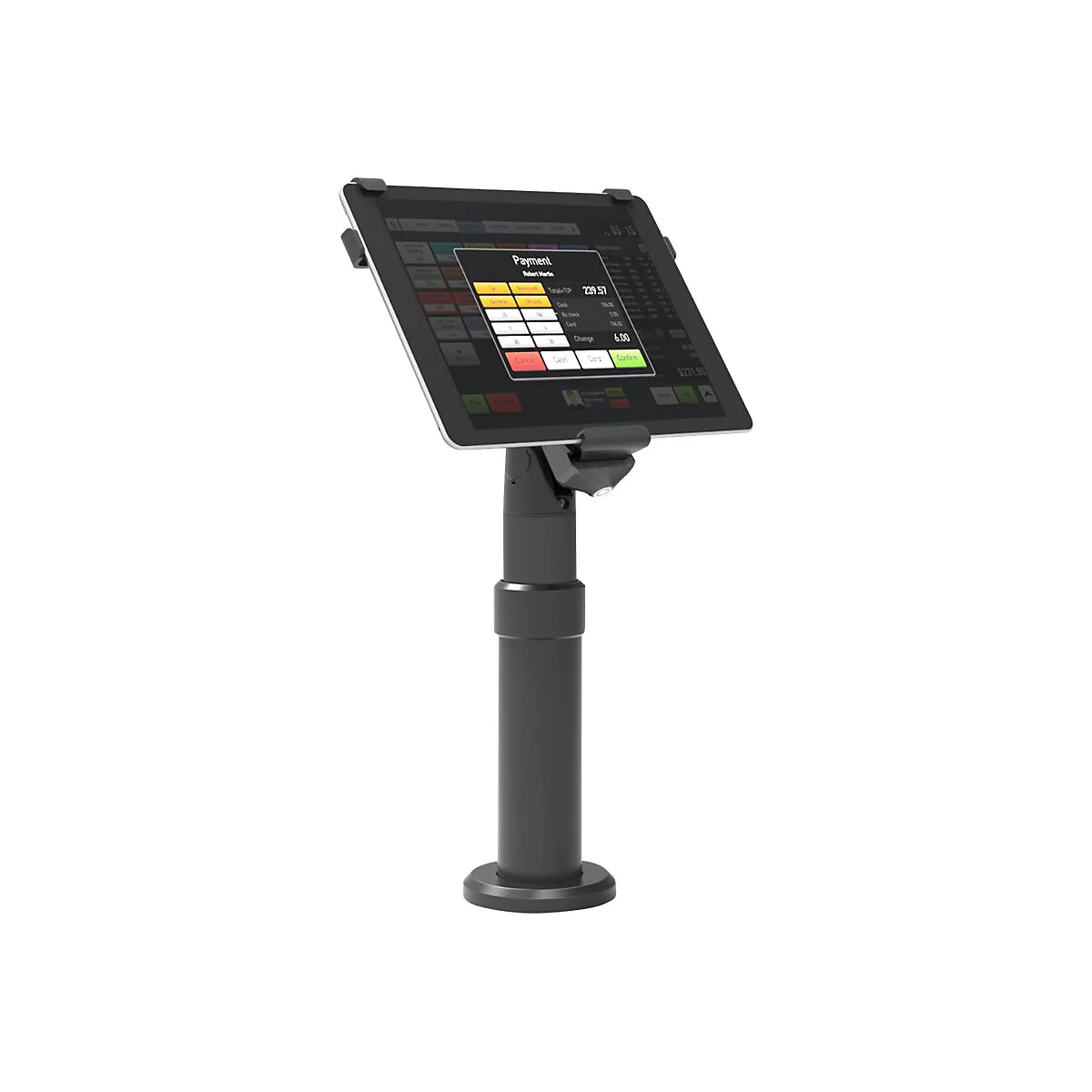 Schwarzes Tablet in Halterung, Bildschirm mit Bezahl-Optionen. Auf weißem Hintergrund.