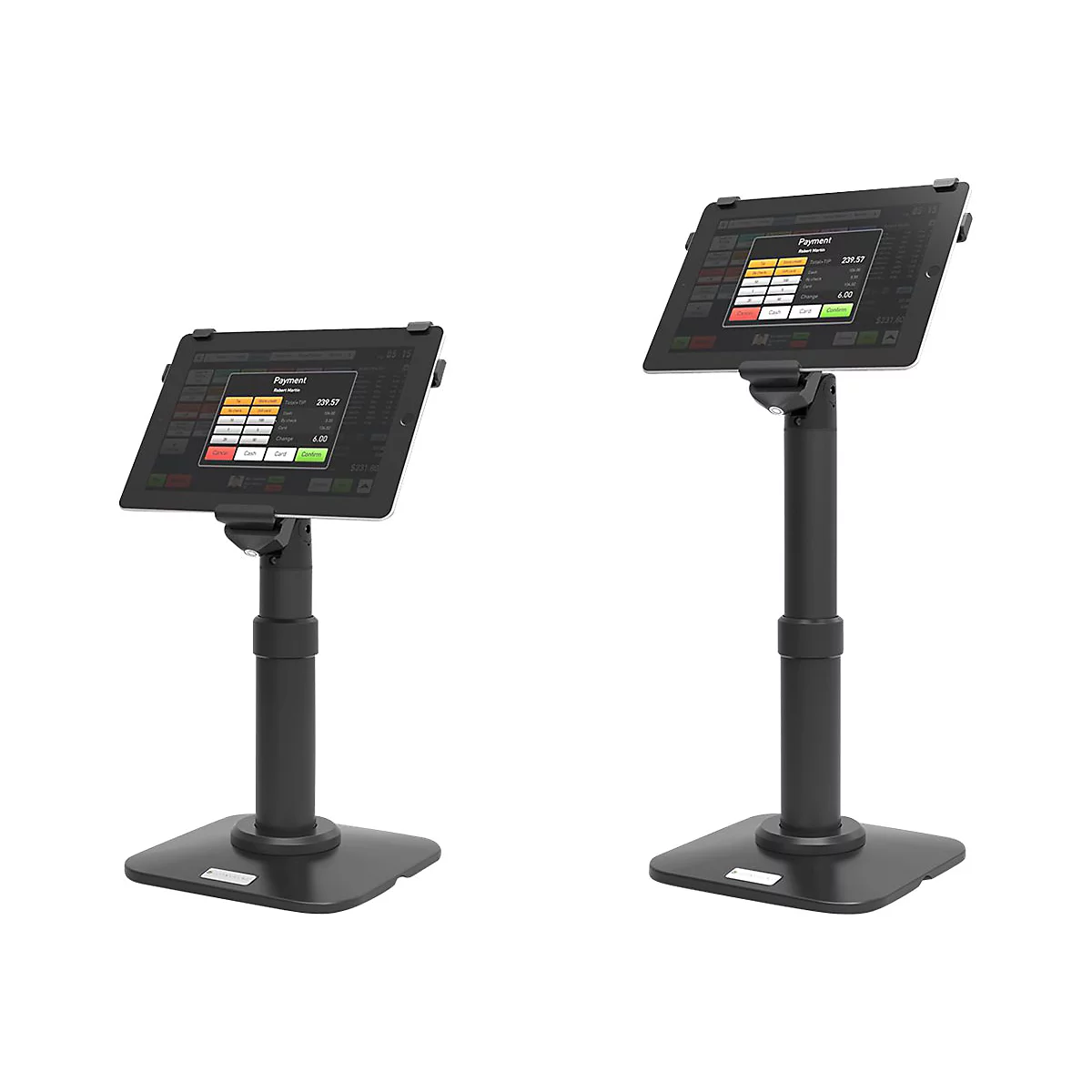 Zwei schwarze Tablet-Ständer, die ein Kassensystem mit der Aufschrift "Payment" zeigen. Auf dem Bildschirm sind Zahlungsdetails zu sehen.