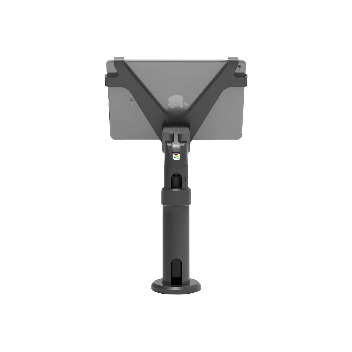 Ein graues iPad in Halterung, auf einem dunklen, höhenverstellbaren Ständer. Apple-Logo sichtbar.