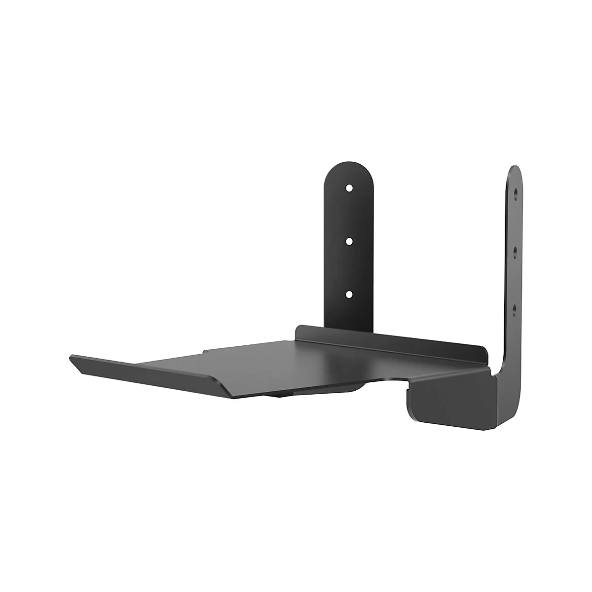 Support mural noir pour enceintes. Le support est composé d'une plaque horizontale et de deux montants verticaux perforés.