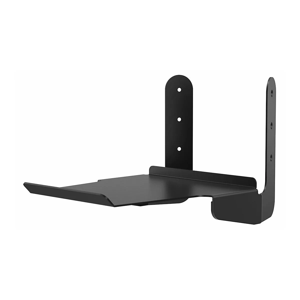 Support mural noir pour appareils, en métal, avec étagère horizontale et supports verticaux, trous pour fixation.