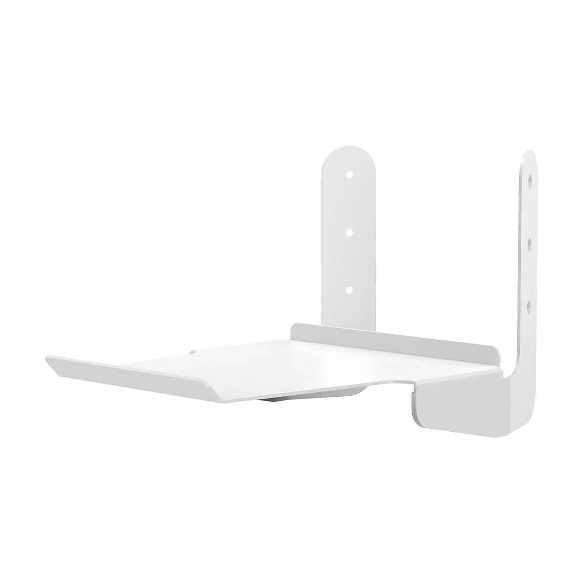 Weißes Wandregal, seitlich betrachtet. Es hat eine horizontale Ablage, zwei vertikale Halterungen und Bohrungen zur Befestigung.
