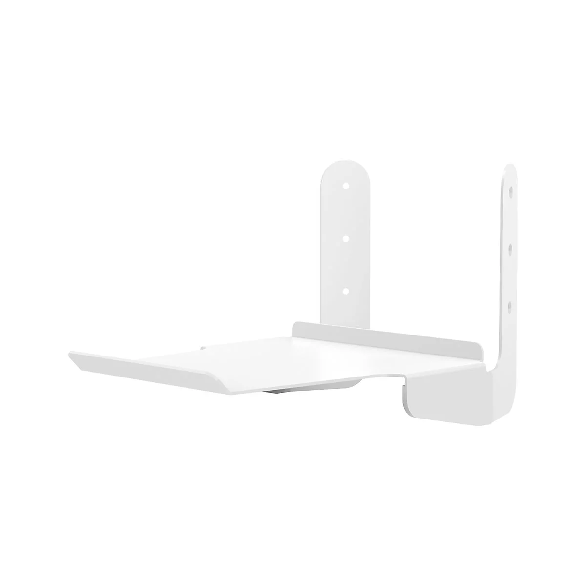 Weißes Wandregal, das an der Wand befestigt werden kann. Es hat eine Ablage und zwei Halterungen.