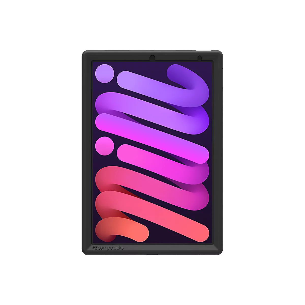 Schwarzes iPad Mini in Hülle, Display mit farbigen Formen. Firmenlogo unten links.