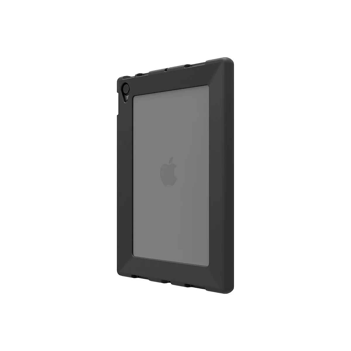 Ein schwarzes Tablet in einer schwarzen Schutzhülle, vor weißem Hintergrund. Das Apple-Logo ist auf dem Bildschirm sichtbar.
