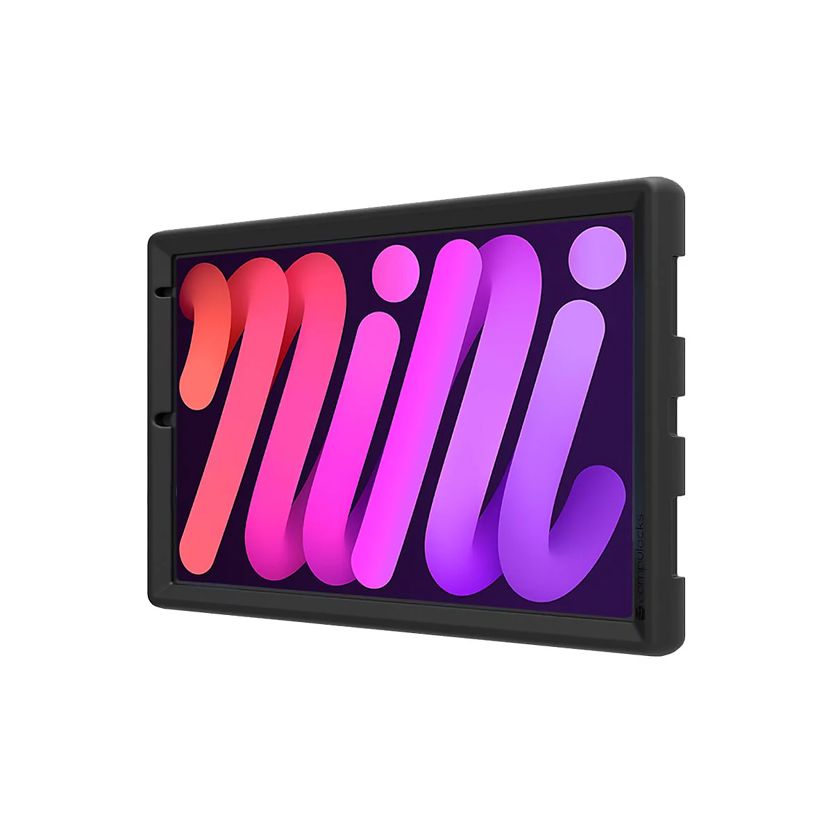 Ein schwarzes Tablet in einer Schutzhülle, auf dem ein buntes Logo angezeigt wird.