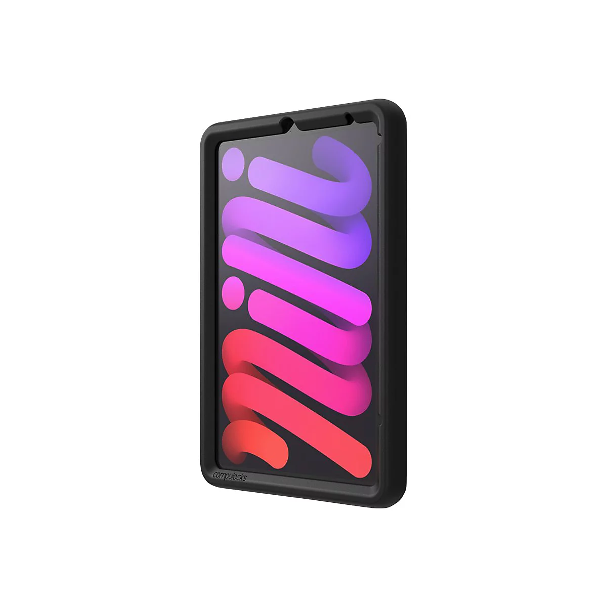 Schwarzes iPad Mini in Hülle, im Winkel vor weißem Hintergrund. Der Bildschirm zeigt ein farbenfrohes Design. Das Gehäuse hat den Aufdruck "compulocks".