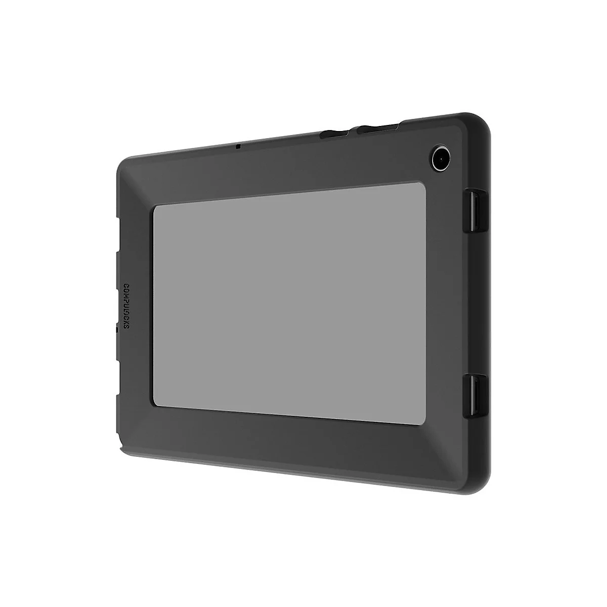 Schwarzes Tablet in Schutzhülle. Grauer Bildschirm, schwarzer Rahmen mit 'COMPUGLOCKS' Schriftzug.