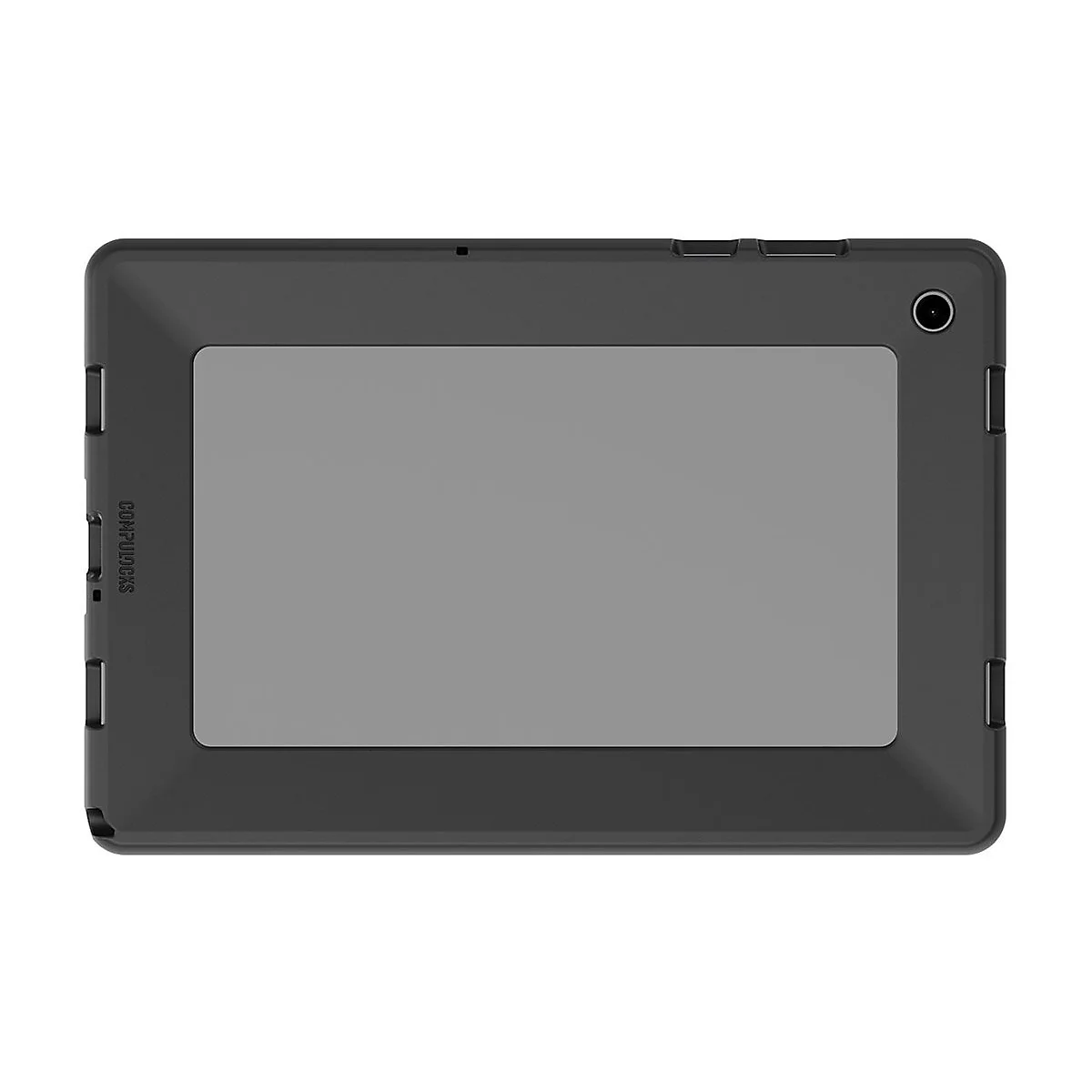 Schwarze Tablet-Schutzhülle mit grauem Bildschirm und der Aufschrift "COMPUUCKS".
