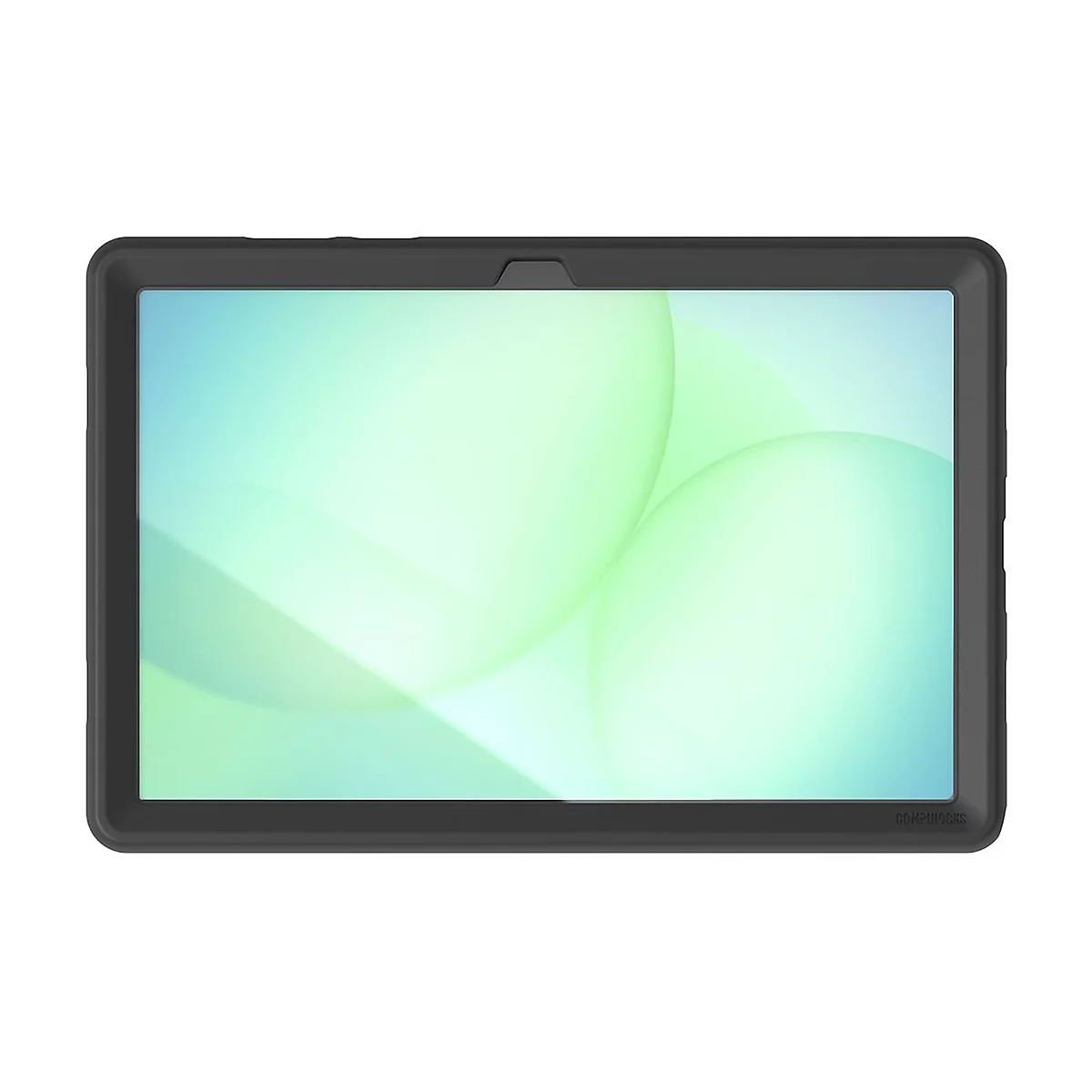 Ein schwarzes Tablet in einer Schutzhülle; der Bildschirm zeigt grüne und blaue abstrakte Formen.