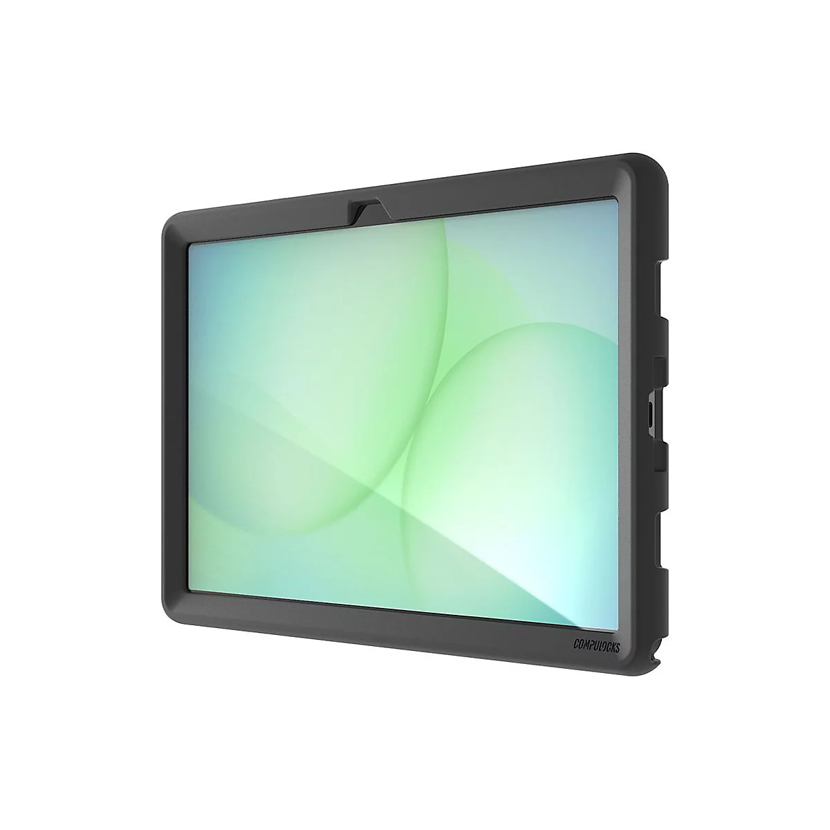 Schwarzes Tablet in Schutzhülle, Bildschirmanzeige mit grünen Kreisen. Text: Compulocks.