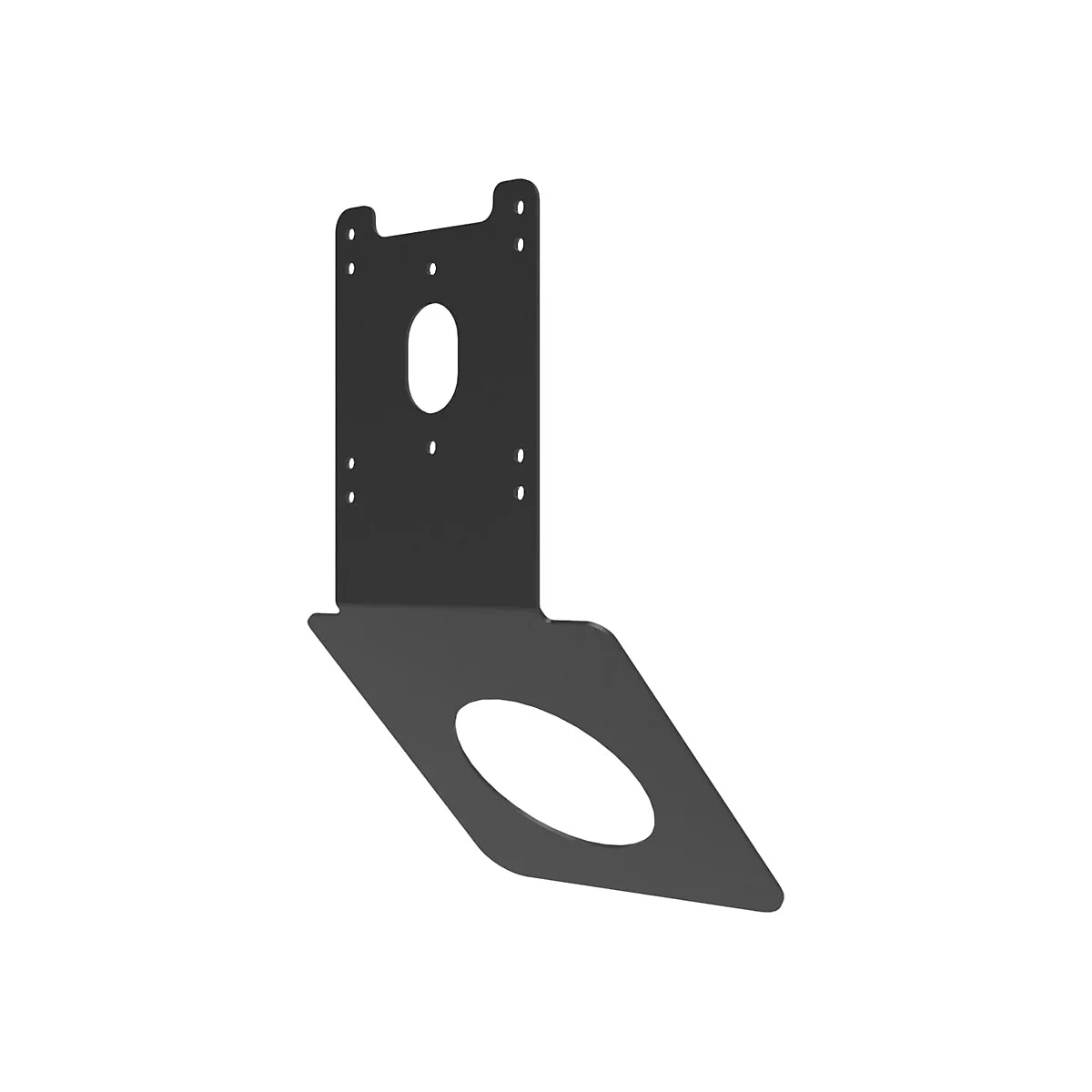 Schwarze Metallhalterung mit zwei Löchern und Bohrungen, isoliert vor weißem Hintergrund.