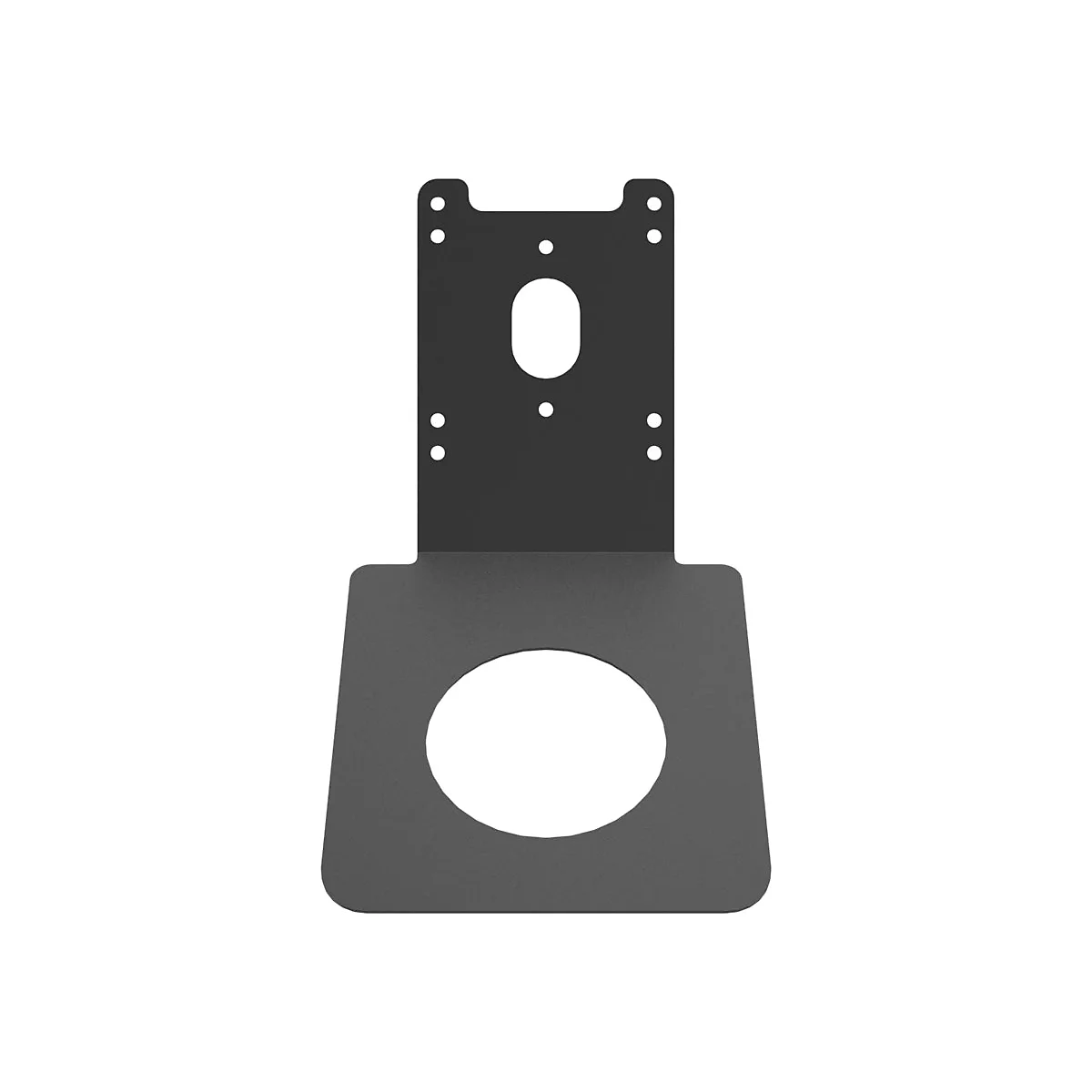 Schwarze Metallhalterung mit verschiedenen Löchern, einem runden und einem ovalen Loch.