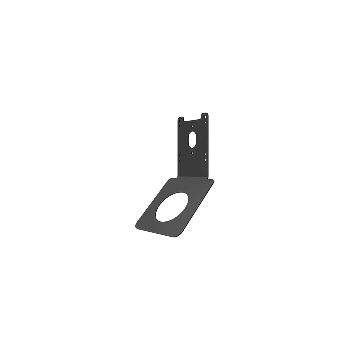 Schwarze, abgewinkelte Halterung mit Löchern und einem ovalen Loch. Die Halterung ist aus Metall.