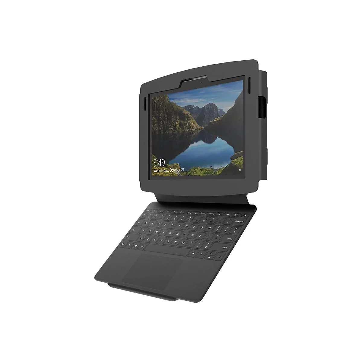 Graues Tablet mit Tastatur, auf dem der Bildschirm mit einer Berglandschaft eingeschaltet ist. Auf dem Bildschirm steht 5:49 Uhr, Mittwoch, 21. Oktober.