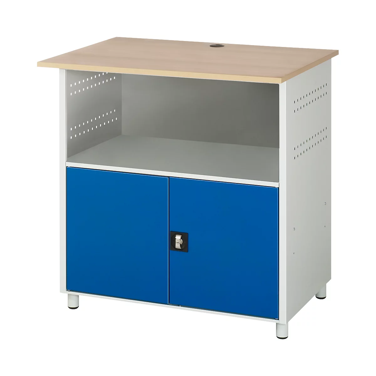 Computer-Station Typ 1023, Arbeitsplatte, Unterschrank, bis 200 kg, B 1100 x T 790 x H 1130 mm, Stahl/Holz, stationär