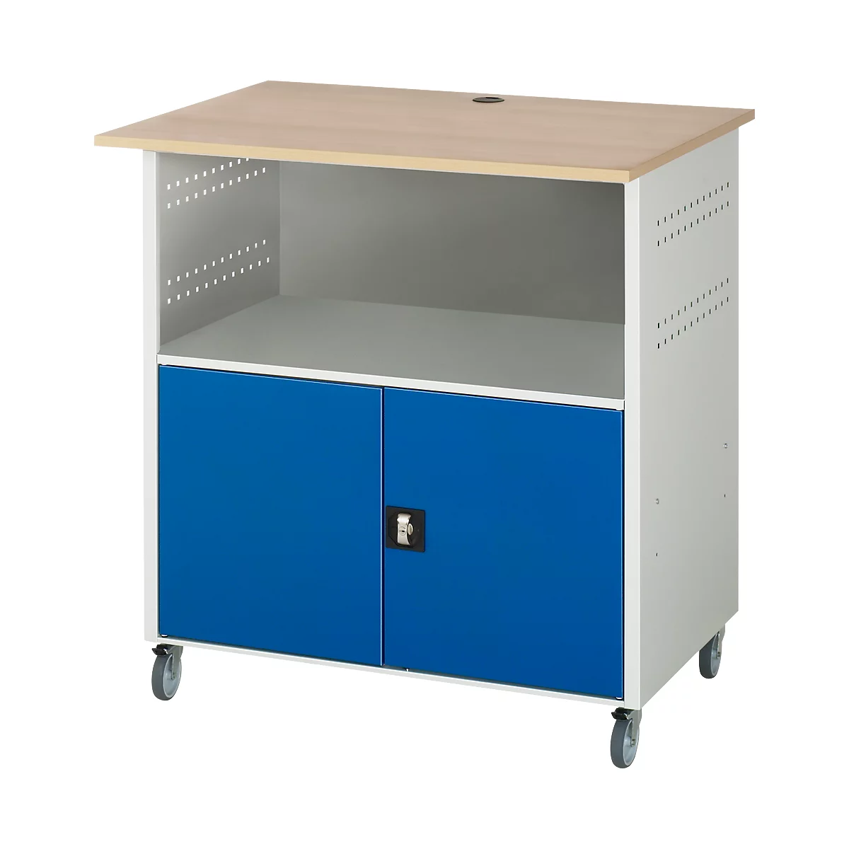 Computer-Station Typ 1023, Arbeitsplatte, Unterschrank, bis 200 kg, B 1100 x T 790 x H 1180 mm, Stahl/Holz, mobil