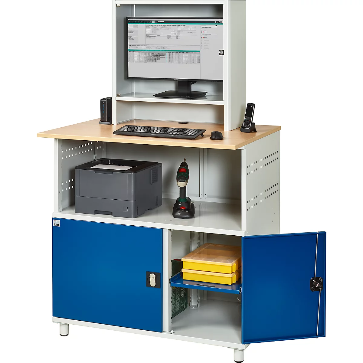 Computer-Station Typ 1023, Monitorfach bis 26“, Ablagefach, Arbeitsplatte, Unterschrank, bis 200 kg, B 1100 x T 790 x H 1840 mm, Stahl/Holz, stationär