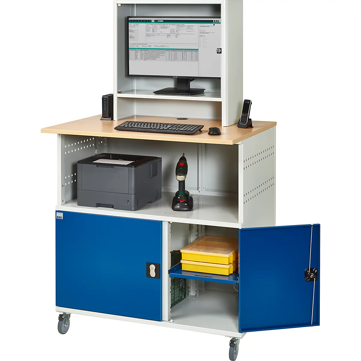 Computer-Station Typ 1023, Monitorfach bis 26“, Ablagefach, Arbeitsplatte, Unterschrank, bis 200 kg, B 1100 x T 790 x H 1890 mm, Stahl/Holz, mobil