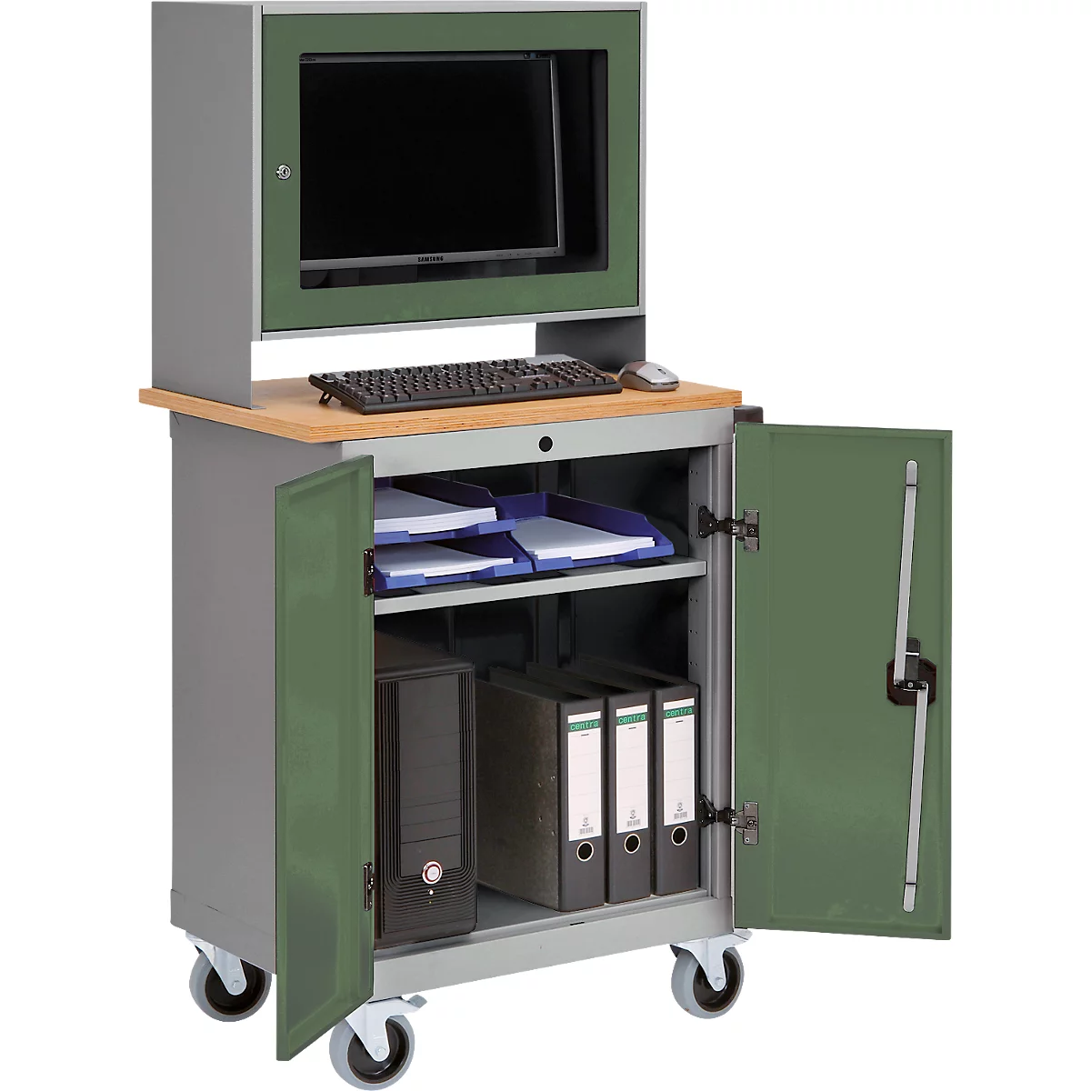 Computerschrank Bedrunka+Hirth, mobil, Monitorgehäuse, Buche-Multiplex-Arbeitsplatte, 2 Flügeltüren, 4er Steckdose, B 750 x T 500 x H 1600 mm, Stahlblech