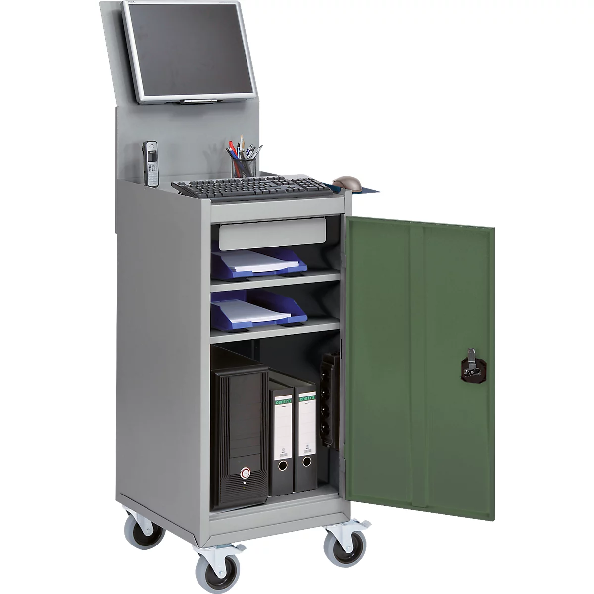 Computerschrank Bedrunka+Hirth, mobil, Monitorhalterung, Ablageflächen, Flügeltür, Schubfach, 4er-Steckdose, B 500 x T 500 x H 1725 mm, Stahlblech