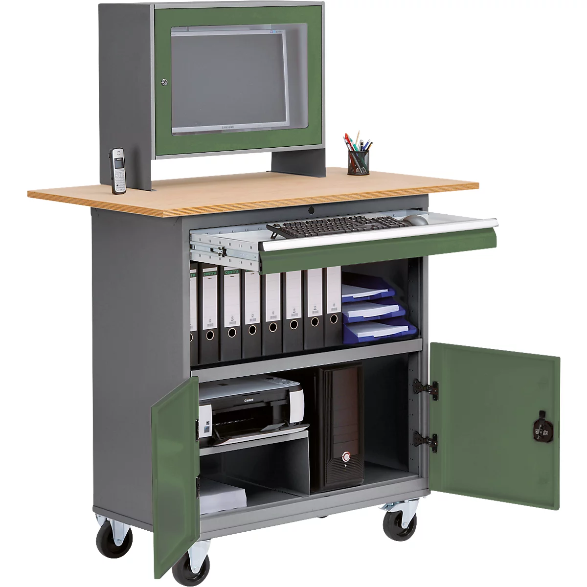 Computerschrank Bedrunka+Hirth Mobile Office 2, mobil, Monitorgehäuse, Buche-Multiplex-Platte, 1 Schub/2 Fächer/Flügeltüren, B 1200 x T 700 x H 1796 mm