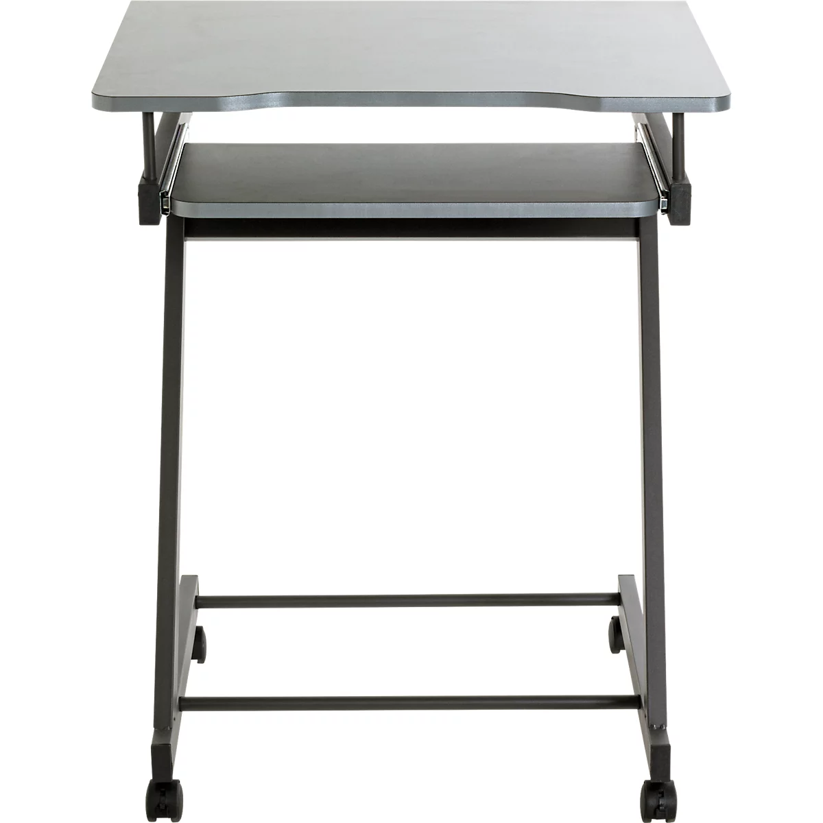 Kleiner, mobiler Laptop-Tisch mit Rollen, grauer Tischplatte und Ablage.