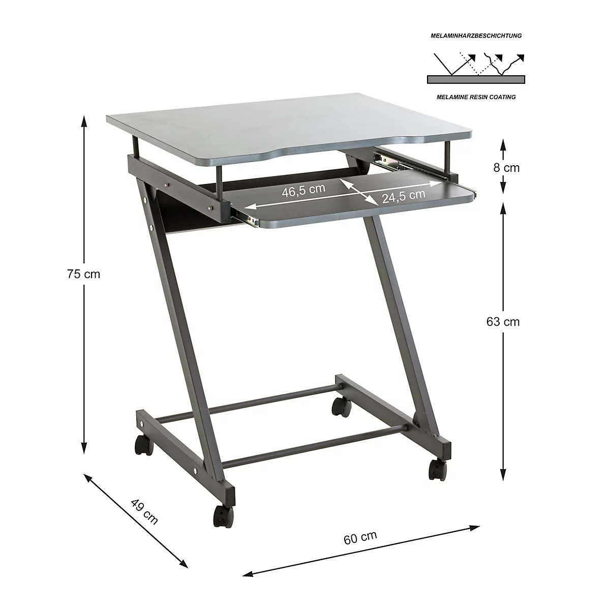 Ein grauer, rollbarer Laptop-Tisch mit Z-förmigen Beinen und Maßangaben. Das obere Fach misst 46,5 x 24,5 cm. Daneben ein Diagramm zur Melaminharzbeschichtung.