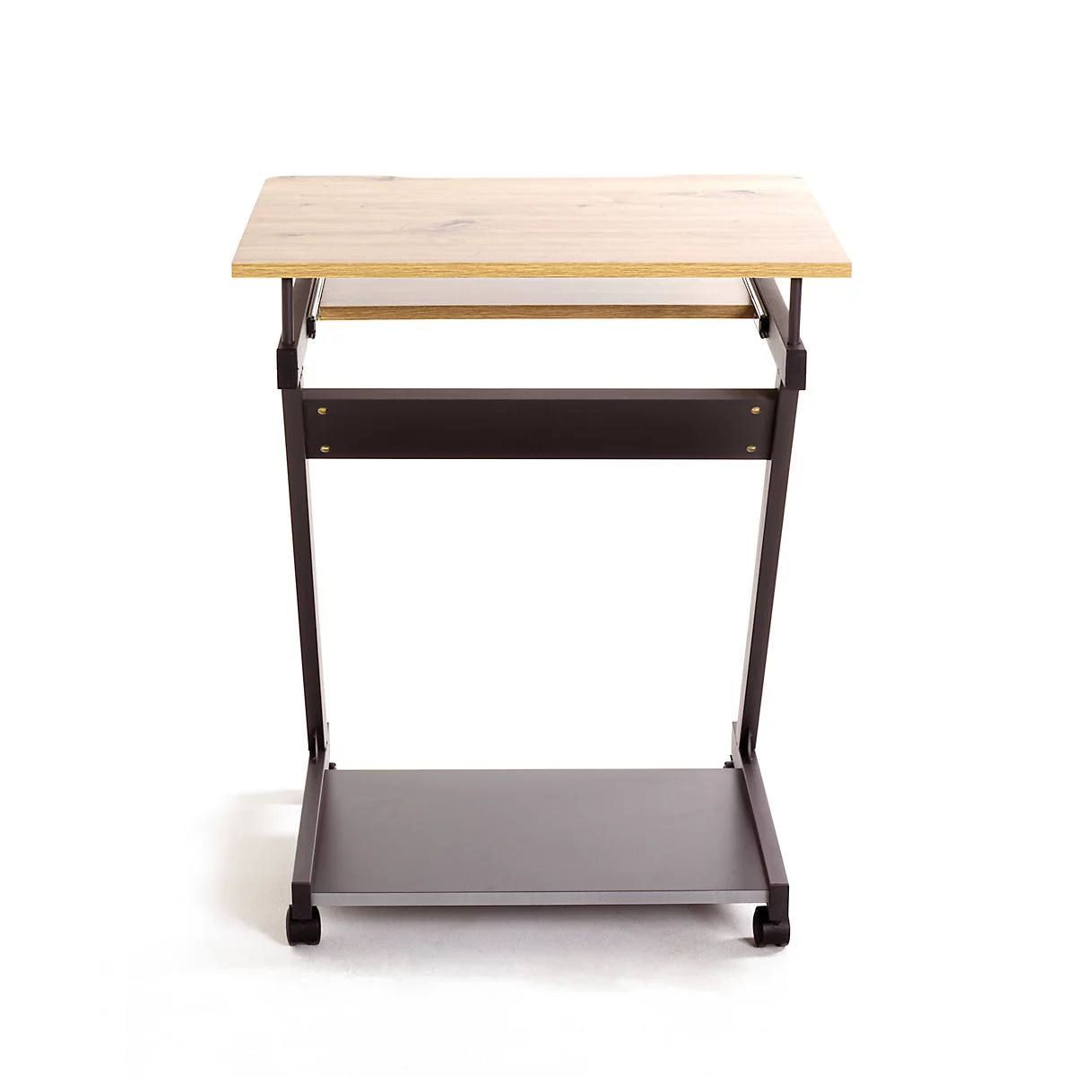 Ein kleiner Beistelltisch mit Rollen. Tischplatte aus Holz, Gestell aus Metall.