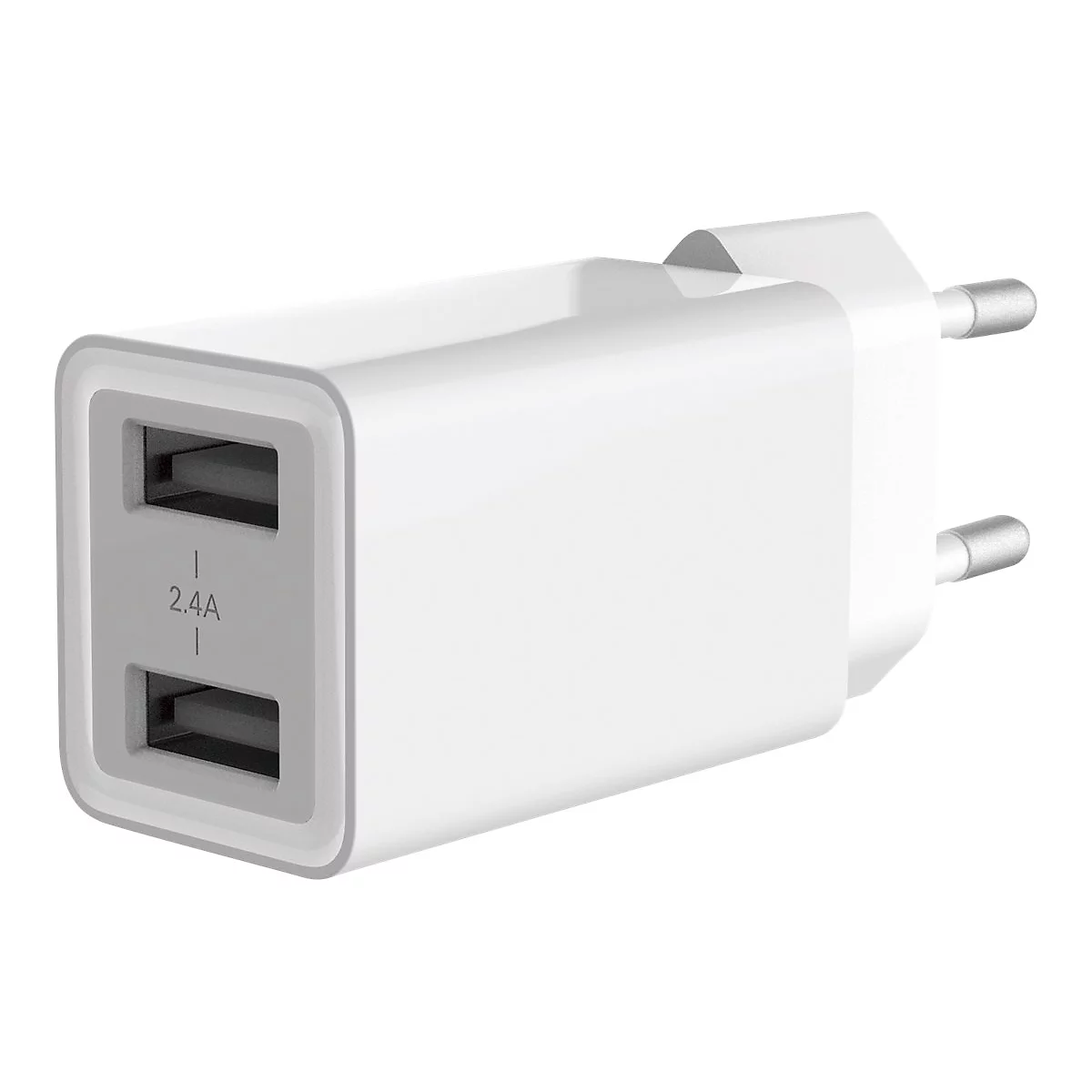 Weißes USB-Ladegerät mit zwei Anschlüssen und einer Leistung von 2,4A.