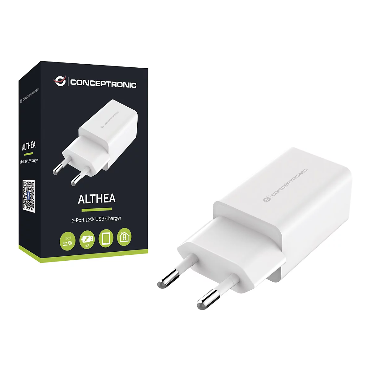 Ein weißes 2-Port USB-Ladegerät, auf der Verpackung steht 'ALTHEA 2-Port 12W USB Charger'.