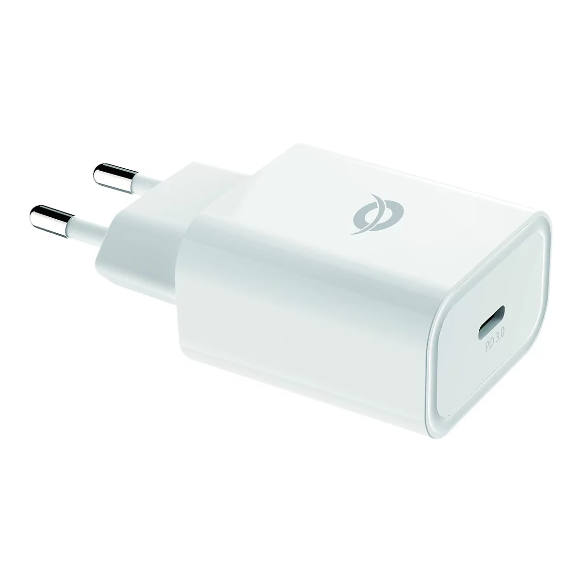 Weißes Ladegerät mit EU-Stecker und USB-C-Anschluss, das Logo und die Aufschrift PD 3.0 zeigt.